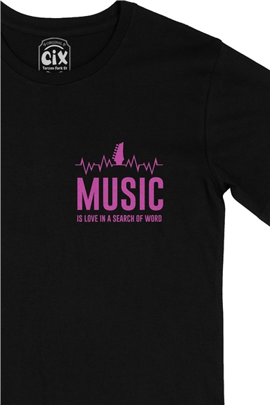 Music Is Love Cep Logo Tasarımlı Siyah Tişört