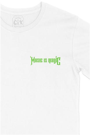 Music Is Magıc Cep Logo Tasarımlı Beyaz Tişört
