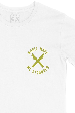 Music Make Me Stronger Cep Logo Tasarımlı Beyaz Tişört