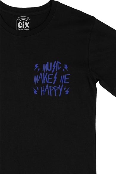 Music Makes Me Happy Cep Logo Tasarımlı Siyah Tişört