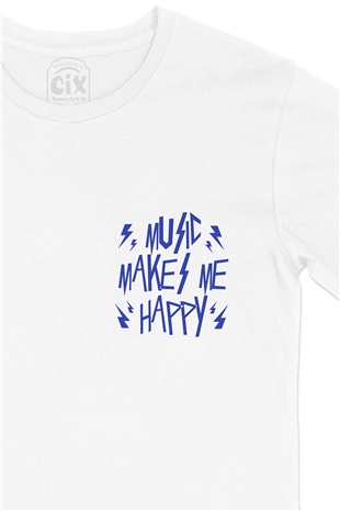 Music Makes Me Happy Cep Logo Tasarımlı Beyaz Tişört