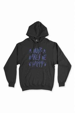 Music Makes Me Happy Siyah Kapşonlu Sweatshirt Hoodie