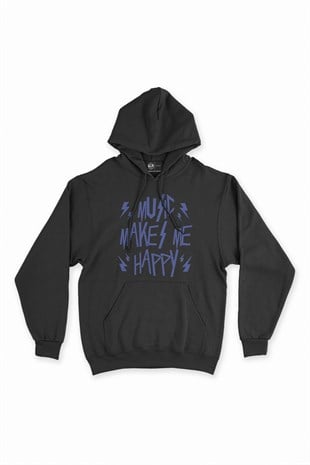 Music Makes Me Happy Siyah Kapşonlu Sweatshirt Hoodie