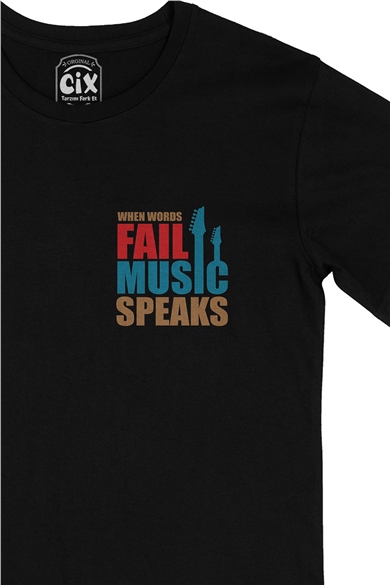 Music Speaks Cep Logo Tasarımlı Siyah Tişört