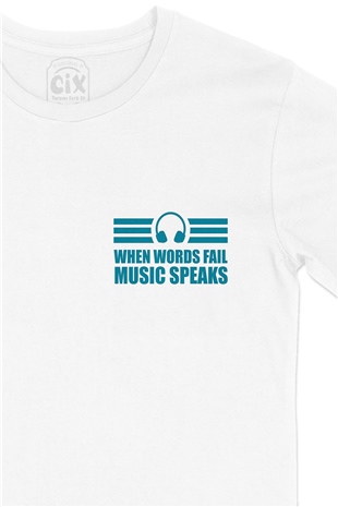 Music Speaks Headphone Cep Logo Tasarımlı Beyaz Tişört