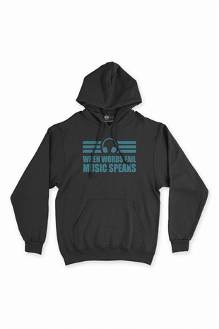 Music Speaks Headphone Siyah Kapşonlu Sweatshirt Hoodie