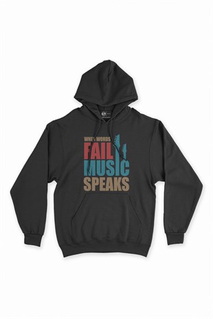 Music Speaks Siyah Kapşonlu Sweatshirt Hoodie