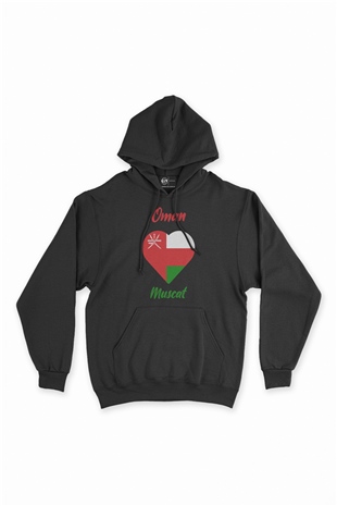 Muskat Umman Bayraklı Kalpli Siyah Sweatshirt Hoodie