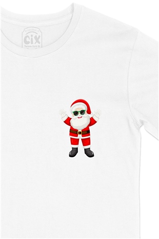Mutlu Santa Claus Yılbaşı Cep Logo Tasarımlı Beyaz Tişört