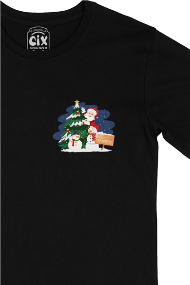 Mutlu Yıllar Santa Claus Cep Logo Tasarımlı Siyah Tişört