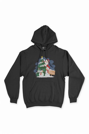 Mutlu Yıllar Santa Claus Siyah Kapşonlu Sweatshirt Hoodie
