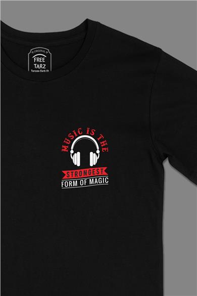 Müzik Sihir Cep Tasarımlı Siyah Tişört