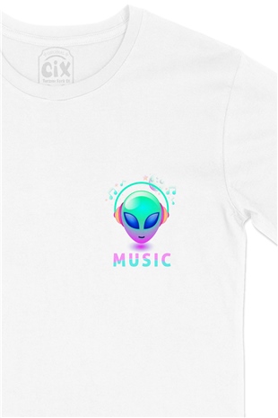 Müzisyen Uzaylı Cep Logo Tasarımlı Beyaz Tişört