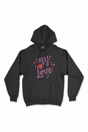 My Love Siyah Kapşonlu Sweatshirt Hoodie