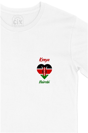 Nairobi Kenya Bayraklı Kalpli Cep Logo Tasarımlı Beyaz Tişört