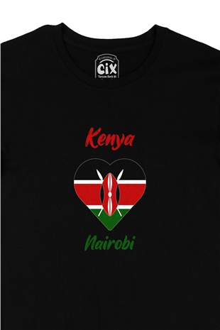 Nairobi Kenya Bayraklı Kalpli Siyah Tişört