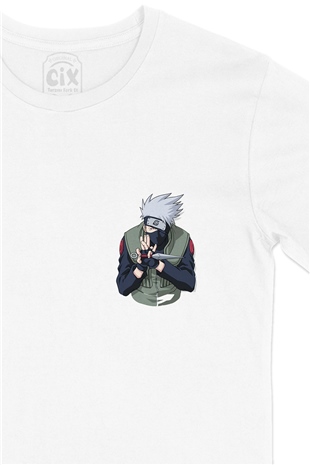 Naruto Kakashi Hatake Cep Logo Tasarımlı Beyaz Tişört