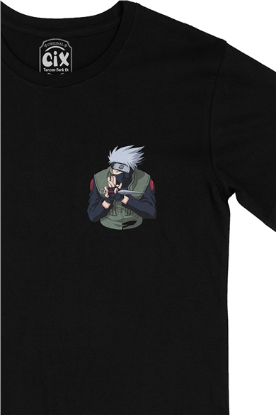 Naruto Kakashi Hatake Cep Logo Tasarımlı Siyah Tişört