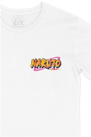 Naruto Logolu Cep Logo Tasarımlı Beyaz Tişört