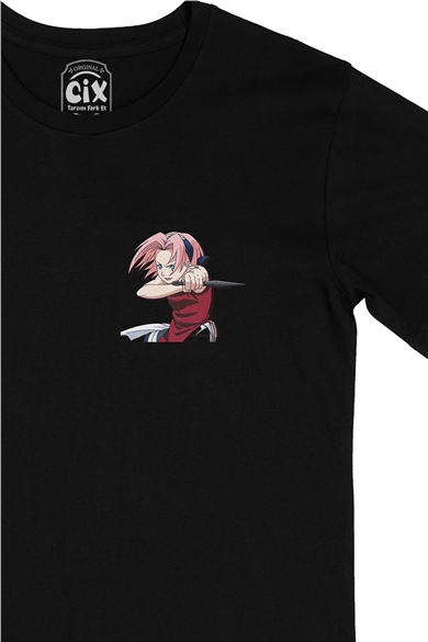 Naruto Sakura Haruno Cep Logo Tasarımlı Siyah Tişört