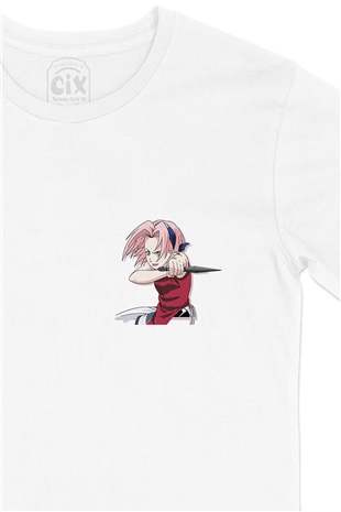 Naruto Sakura Haruno Cep Logo Tasarımlı Beyaz Tişört