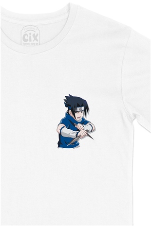 Naruto Sasuke Uchiha Cep Logo Tasarımlı Beyaz Tişört