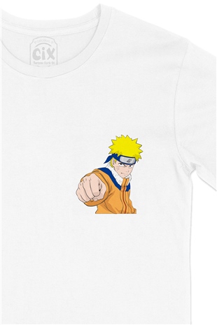 Naruto Uzumaki Cep Logo Tasarımlı Beyaz Tişört