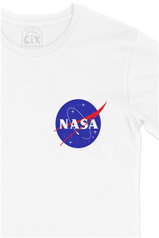 Nasa Cep Logo Tasarımlı Beyaz Tişört