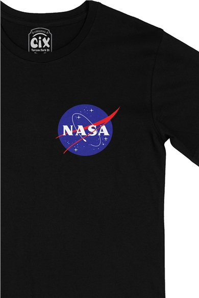Nasa Cep Logo Tasarımlı Siyah Tişört