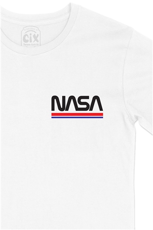 NASA Yazılı Cep Logo Tasarımlı Beyaz Tişört