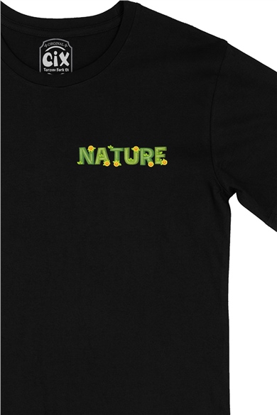 Nature Doğa Cep Logo Tasarımlı Siyah Tişört
