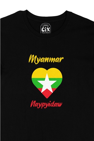 Naypyidaw Myanmar Bayraklı Kalpli Siyah Tişört