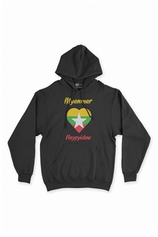 Naypyidaw Myanmar Bayraklı Kalpli Siyah Sweatshirt Hoodie