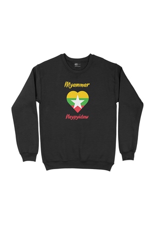 Naypyidaw Myanmar Bayraklı Kalpli Siyah Sweatshirt
