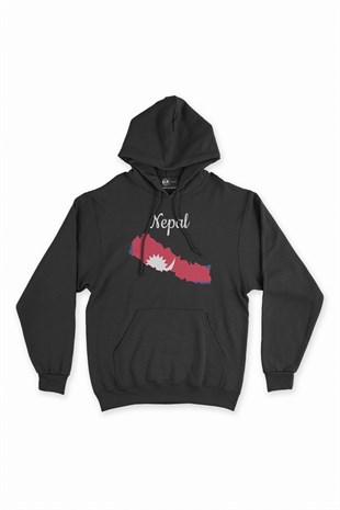Nepal Haritalı ve Bayraklı Siyah Kapşonlu Sweatshirt Hoodie