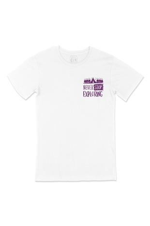 Never Stop Exploring Cep Logo Tasarımlı Beyaz Tişört