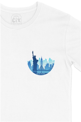 New York Cep Logo Tasarımlı Beyaz Tişört