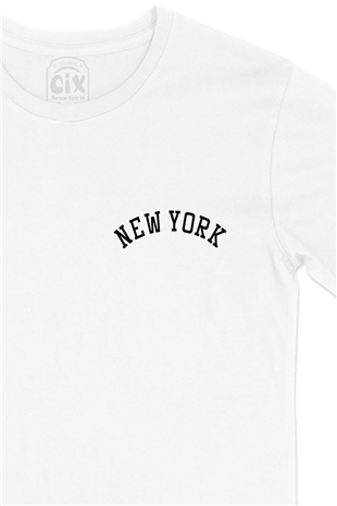 New York Yazılı Cep Logo Tasarımlı Beyaz Tişört