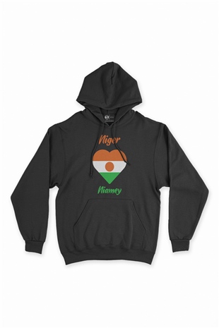 Niamey Nijer Bayraklı Kalpli Siyah Sweatshirt Hoodie