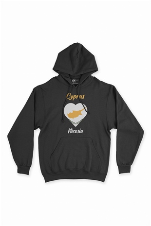 Nicosia Kıbrıs Bayraklı Kalpli Siyah Sweatshirt Hoodie