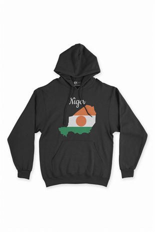 Nijer Haritalı ve Bayraklı Siyah Kapşonlu Sweatshirt Hoodie