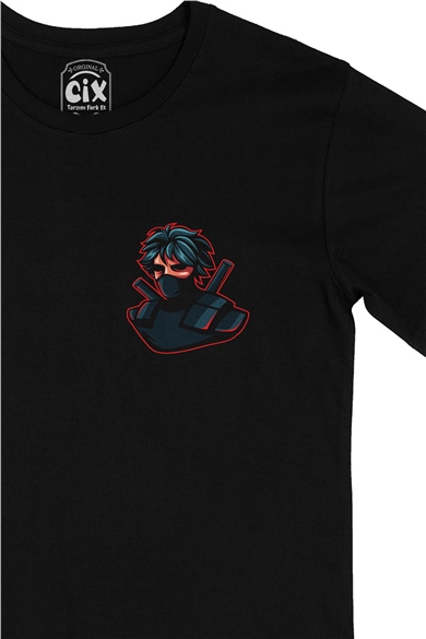 Ninja Assassin Cep Logo Tasarımlı Siyah Tişört