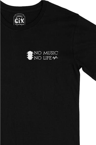 No Music No Life Cep Logo Tasarımlı Siyah Tişört