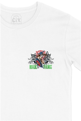 Nordic Vikingler Cep Logo Tasarımlı Beyaz Tişört