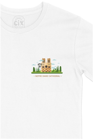 Notre Dame Katedrali Cep Logo Tasarımlı Beyaz Tişört
