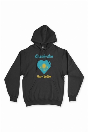 Nur Sultan Kazakistan Bayraklı Kalpli Siyah Sweatshirt Hoodie