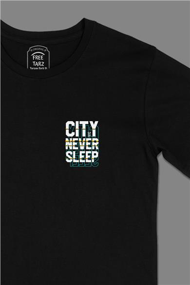 NYC Never Sleep City Cep Tasarımlı Siyah Tişört