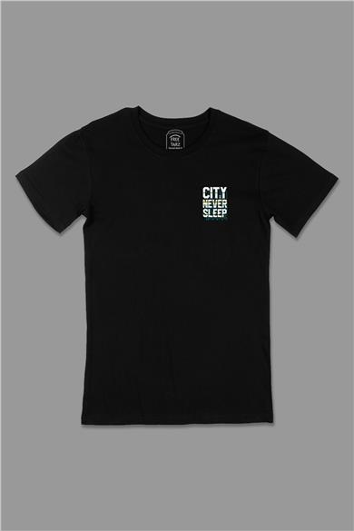NYC Never Sleep City Cep Tasarımlı Siyah Tişört