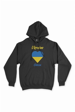 Odessa Ukrayna Bayraklı Kalpli Siyah Sweatshirt Hoodie