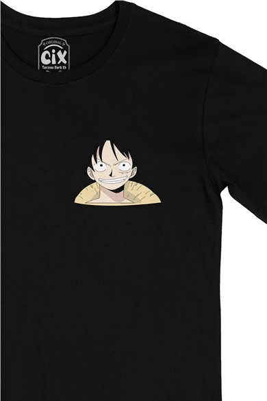 One Piece Monkey D. Luffy Cep Logo Tasarımlı Siyah Tişört